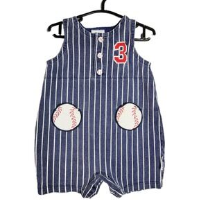 VTG Healthtex Baby Boys Baseball Stripe Romper Size 12 Months Blue White Cotton